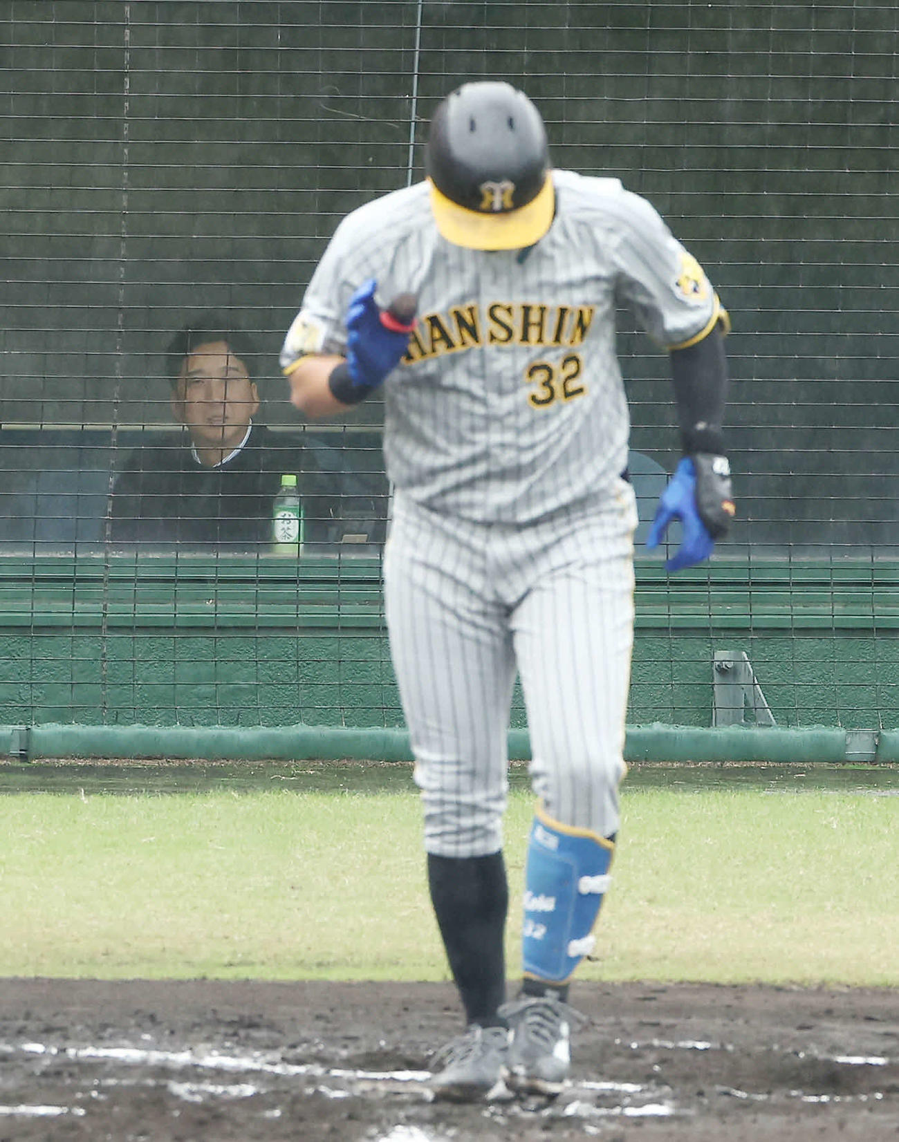 フェニックスリーグの楽天戦を視察に訪れ、四球で出塁する阪神井上（右）を見つめる藤川監督（撮影・前田充）