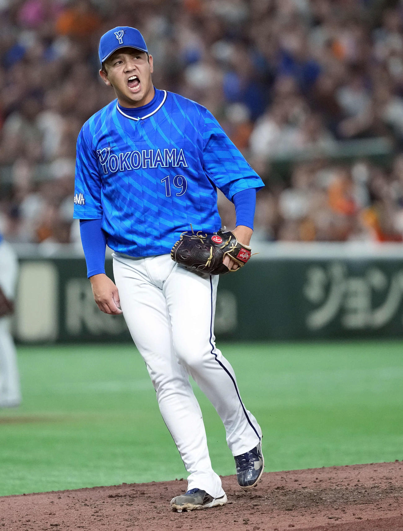 巨人対DeNA 7回裏巨人2死、代打秋広優人を見逃し三振に打ち取りほえる山崎（撮影・たえ見朱実）