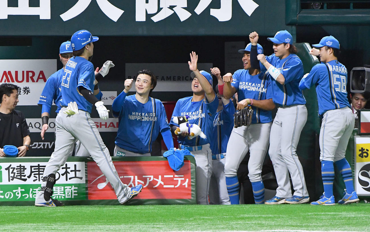 ソフトバンク対日本ハム　3回表日本ハム無死、左中間へ本塁打を放った伏見（左）を迎える日本ハムナイン（撮影・岩下翔太）