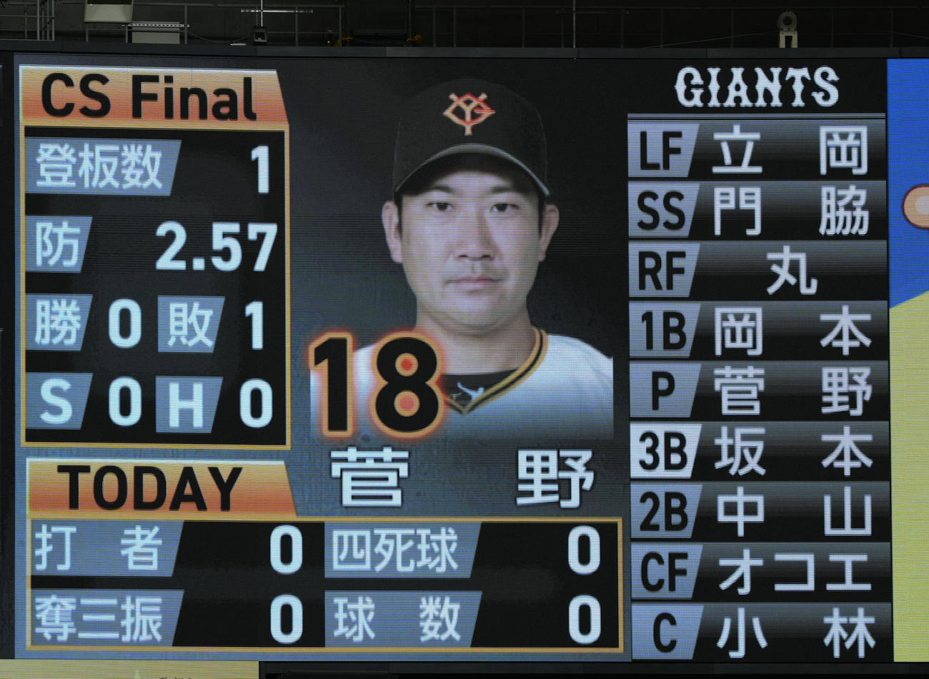 巨人対DeNA 8回表、巨人6番手の菅野の登板を伝えるビジョン（撮影・江口和貴）