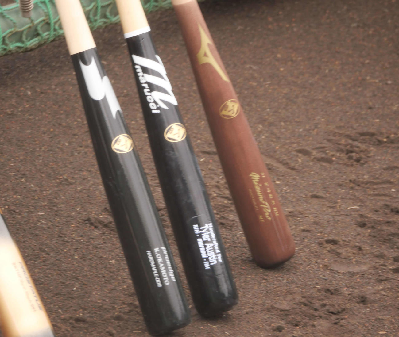 巨人浅野が練習で使用する手前から巨人岡本和、DeNAのオースティン、宮崎のバット（撮影・上田悠太）