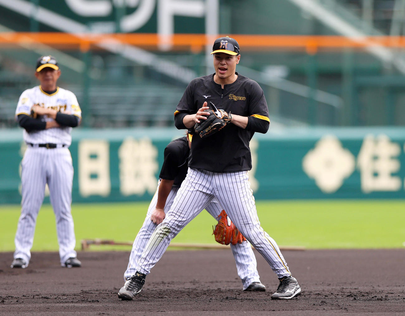 甲子園球場でノックを受ける阪神佐藤輝（撮影・上山淳一）
