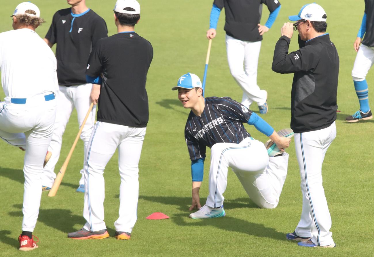 ストレッチをする日本ハム清宮（中央）