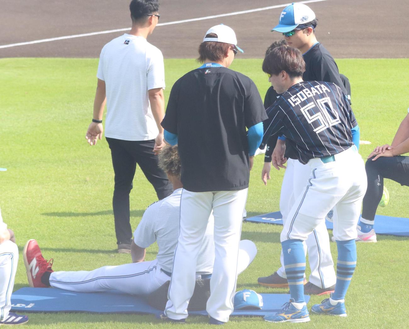 田宮（手前）、郡司（右奥）と並んで水谷の髪の毛を触る日本ハム五十幡