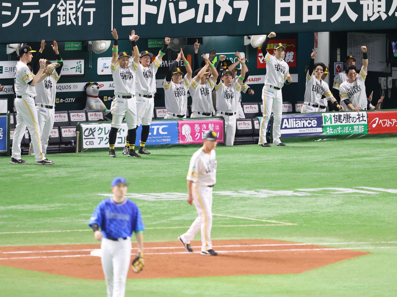 ソフトバンク対DeNA 1回裏ソフトバンク2死一、三塁、近藤の左前同点適時二塁打打で盛り上がるナイン（撮影・梅根麻紀）