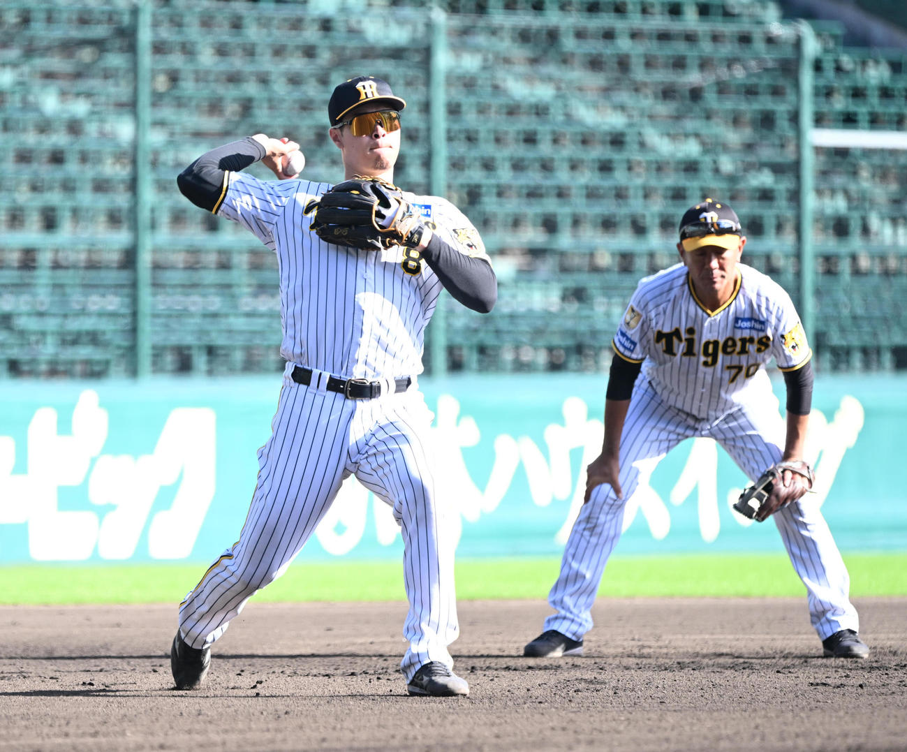 守備強化メニューをに取り組む阪神佐藤輝（撮影・和賀正仁）