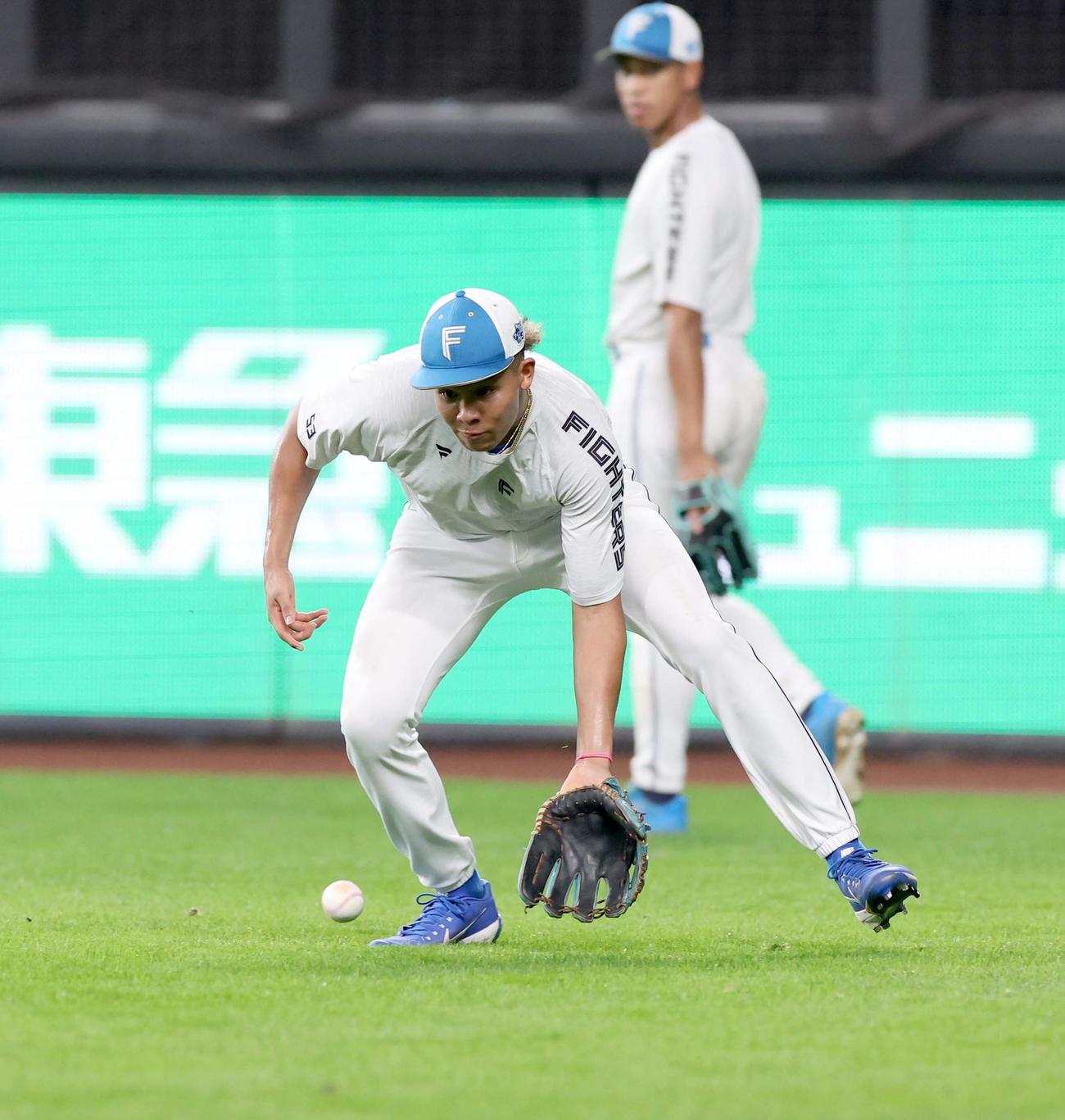 外野で守備練習する日本ハム水谷（撮影・黒川智章）