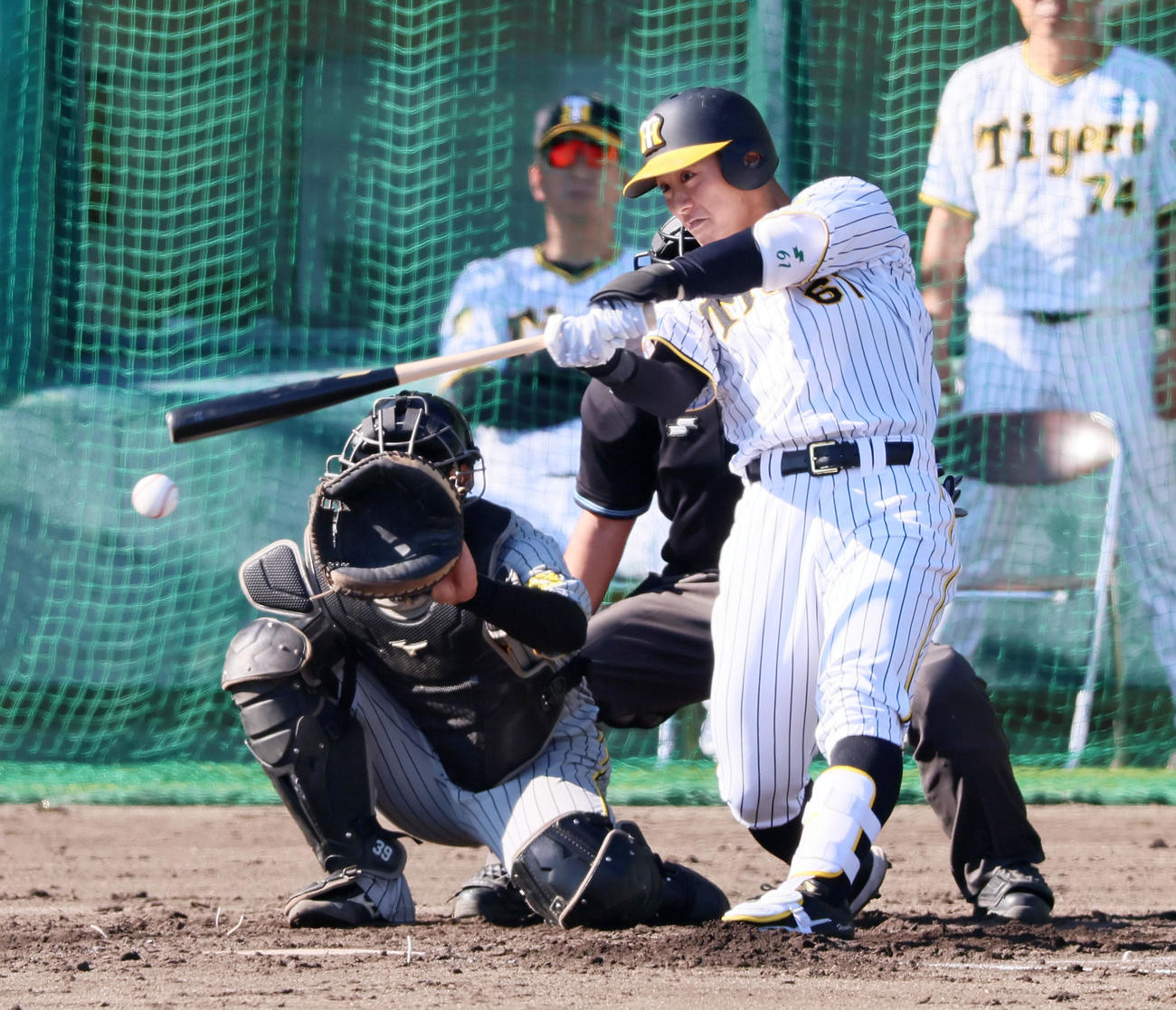 秋季キャンプ3日目、紅白戦　4回裏白組2死、豊田は中前打を放つ。後方左は藤川監督（撮影・加藤哉）