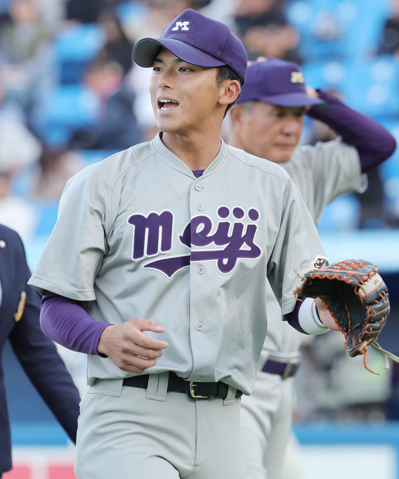 明大対法大　先勝し気合の入った表情を見せる明大・宗山（撮影・野上伸悟）