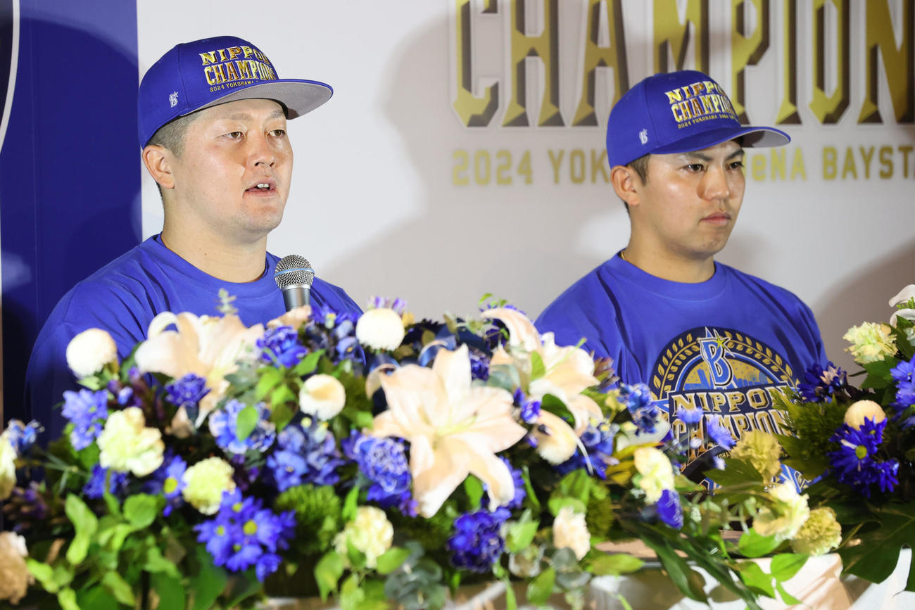 DeNA対ソフトバンク　優勝会見で喜びを語る牧（撮影・梅根麻紀）