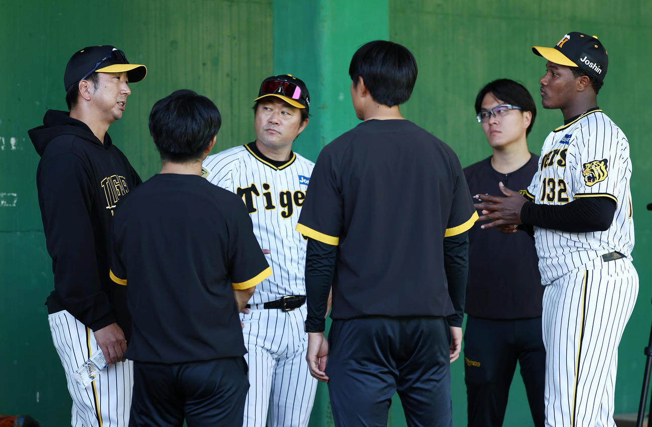 ブルペンで阪神マルティネス（右端）と言葉を交わす藤川監督（左端）。左から3人目は安藤コーチ（撮影・前田充）