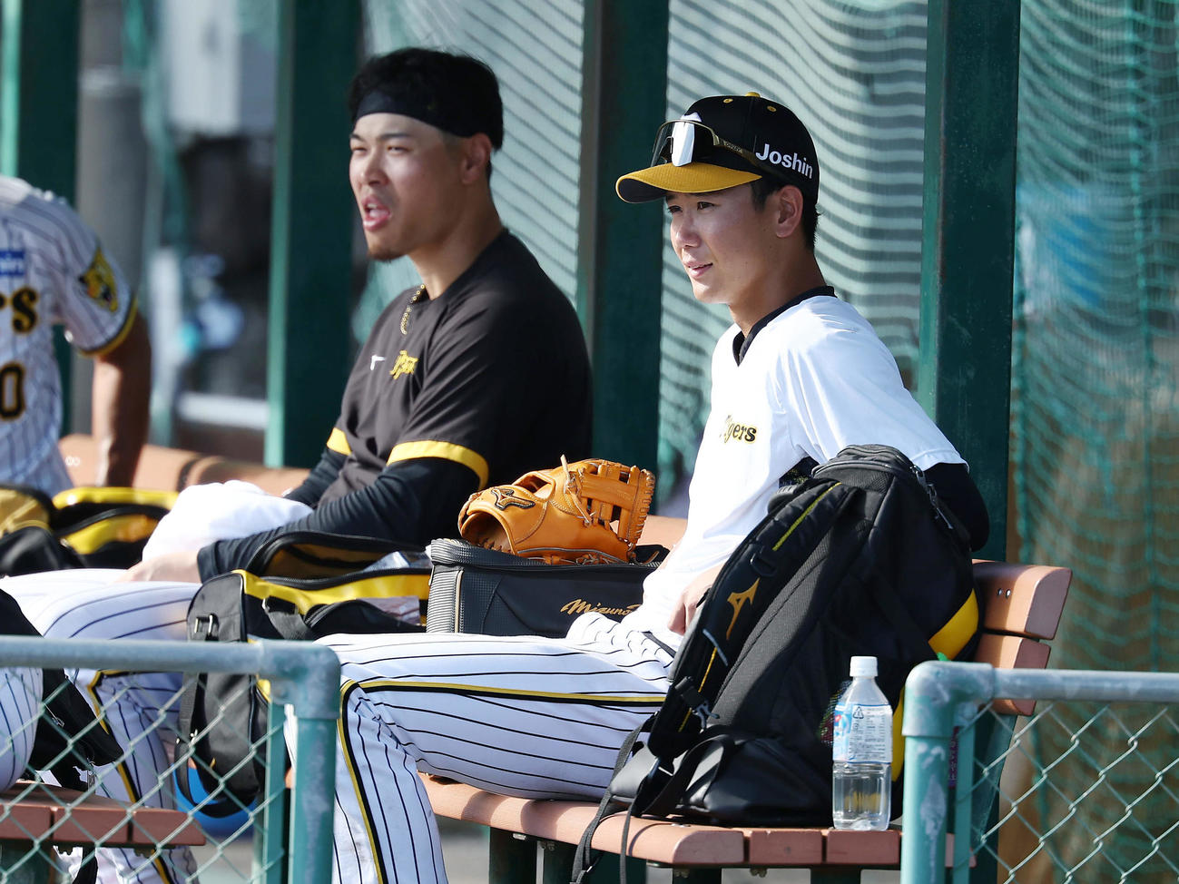 特守の合間に言葉を交わす阪神佐藤輝（左）と山田（撮影・前田充）