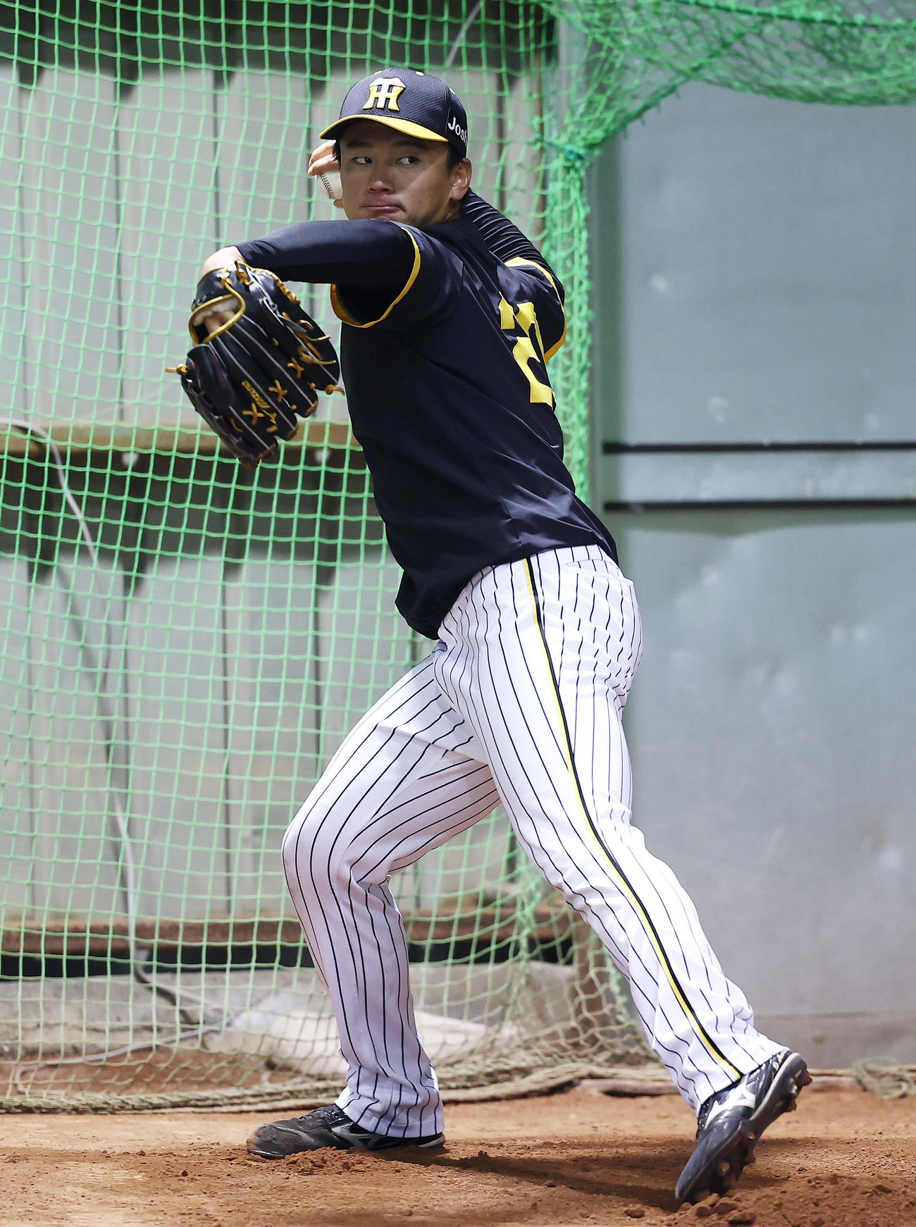 室内練習場で投球フォームを確認する阪神森木（撮影・前田充）
