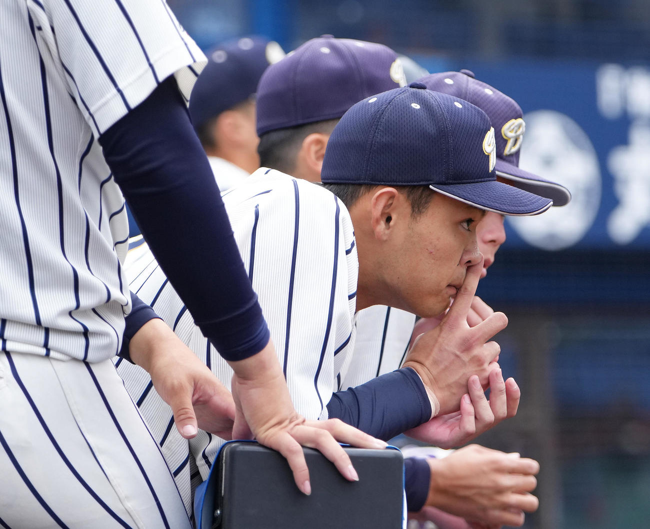 共栄大対上武大　9回、ベンチで試合を見つめる上武大・荒巻（撮影・足立雅史）