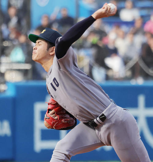 早大対慶大　慶大先発の渡辺和（撮影・野上伸悟）