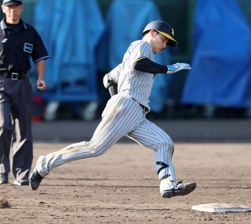 紅白戦　6回表紅組2死一、二塁、栄枝は中越え適時三塁打を放つ（撮影・加藤哉）