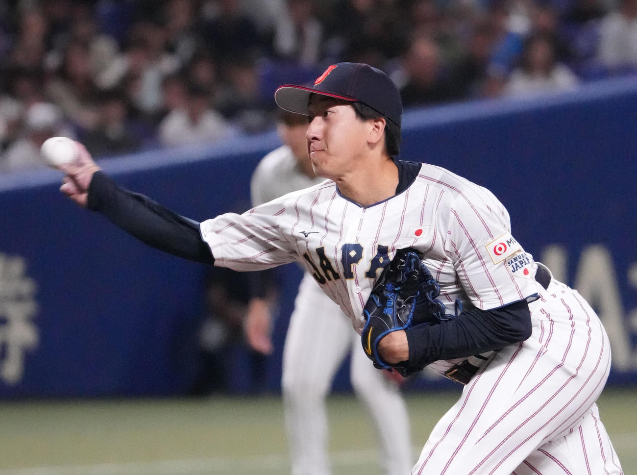 日本対チェコ　9回表、日本4番手で登板する大勢（撮影・森本幸一）