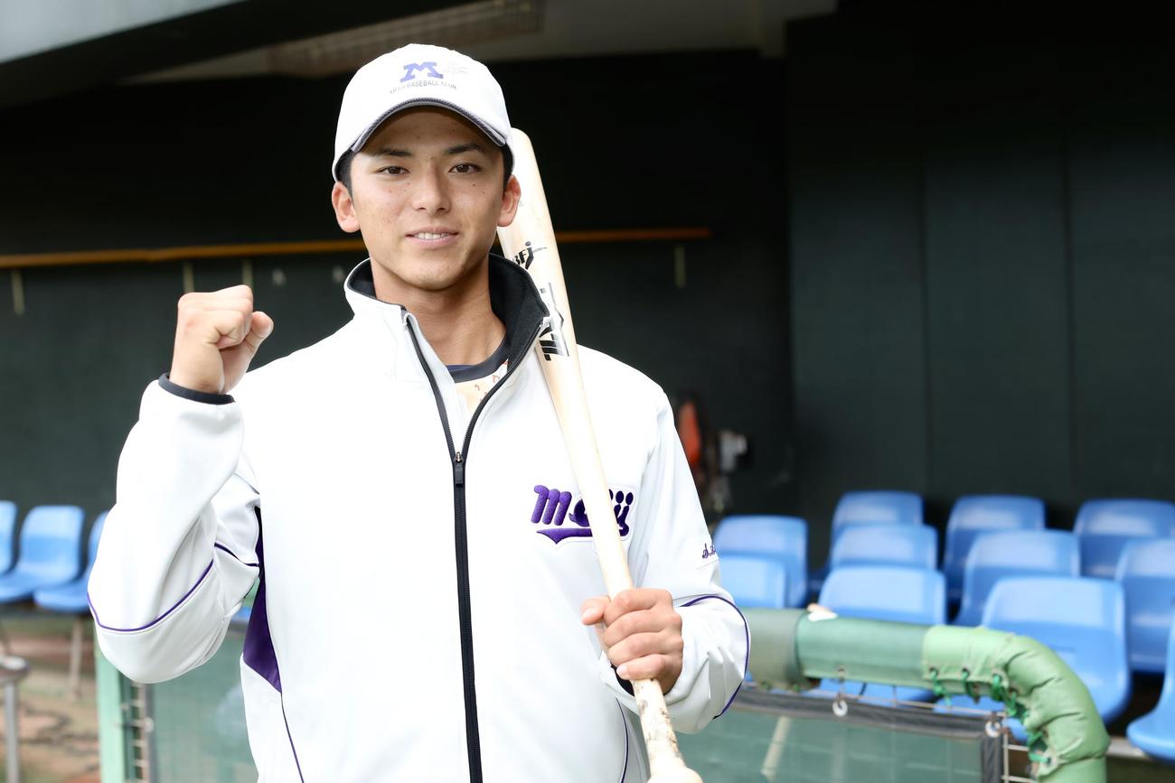 東京6大学野球秋季リーグ最終戦に向け意気込む明大・宗山（撮影・河田真司）