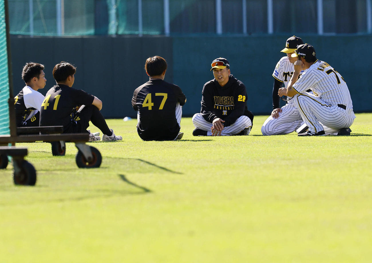 今クールで秋季キャンプを打ち上げる左から石井、村上、桐敷と話す阪神藤川監督（撮影・藤尾明華）