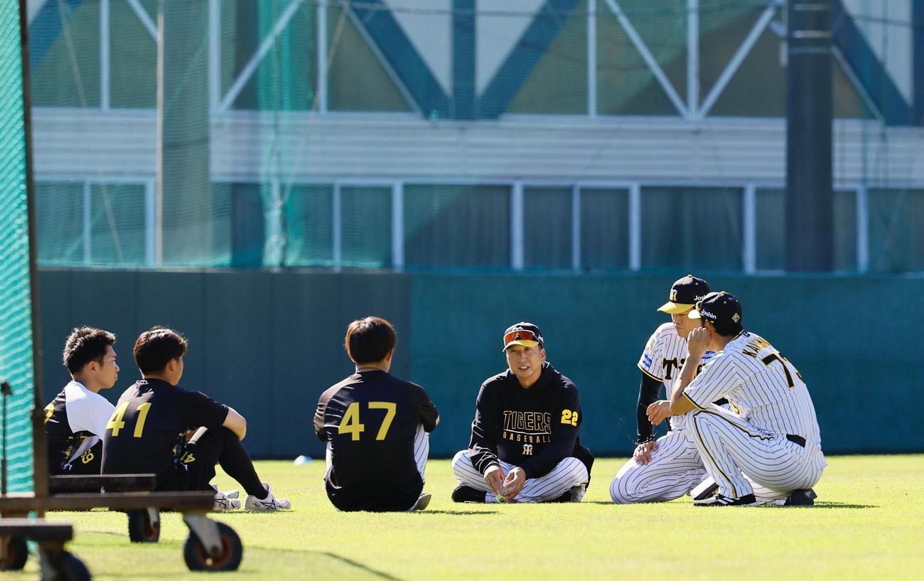 今クールで秋季キャンプを打ち上げる左から石井、村上、桐敷と話をする阪神藤川監督（右から4人目）（撮影・藤尾明華）