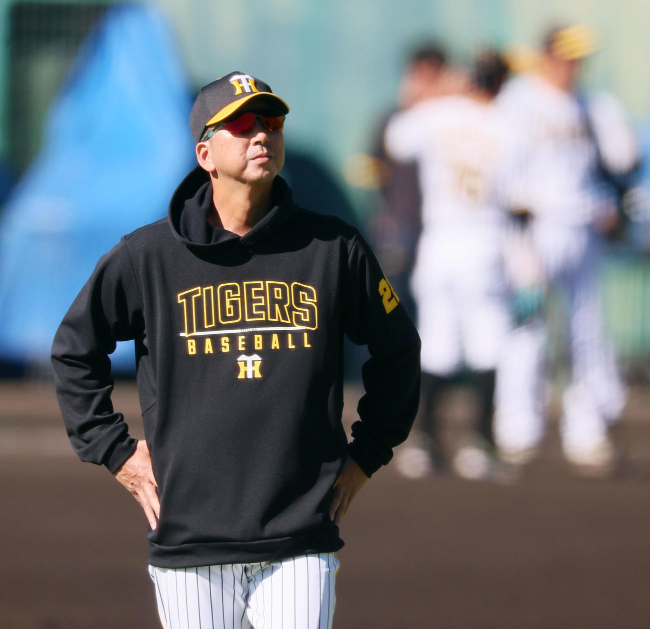 ウオーミングアップ中、グラウンドを移動する藤川監督（撮影・加藤哉）