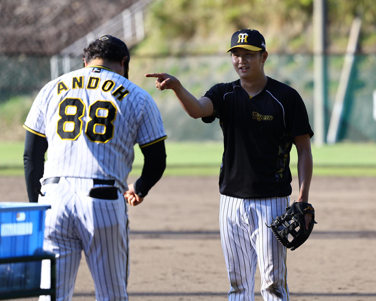 安藤投手コーチとあっち向いてホイを行う阪神津田淳哉（2024年11月撮影）