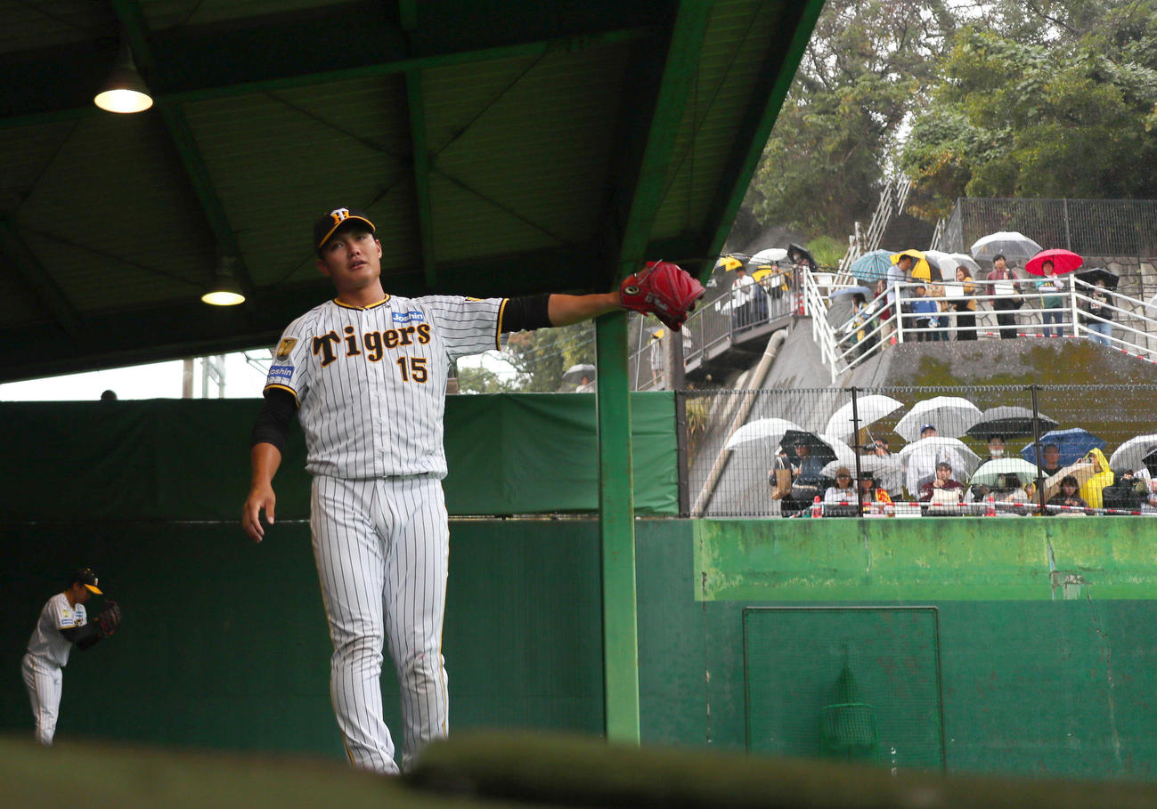 ブルペンで投球する阪神西純（撮影・上山淳一）