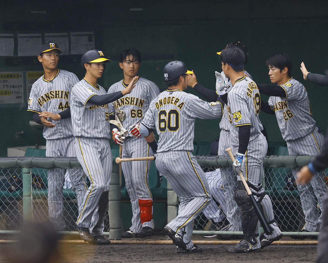 紅白戦　1回表紅組1死三塁、小野寺の中犠飛で生還し、ナインとタッチを交わす山田（左から2人目）（撮影・藤尾明華）