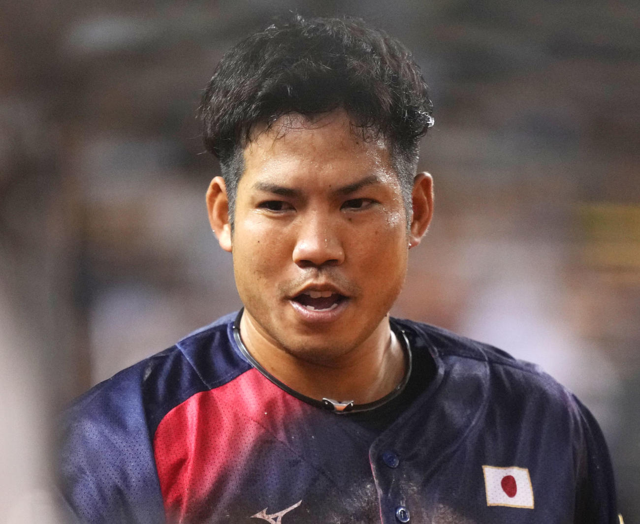 日本対台湾　1回表日本1死一、三塁、森下の右犠飛で本塁へ生還しナインとタッチを交わす桑原（撮影・横山健太）