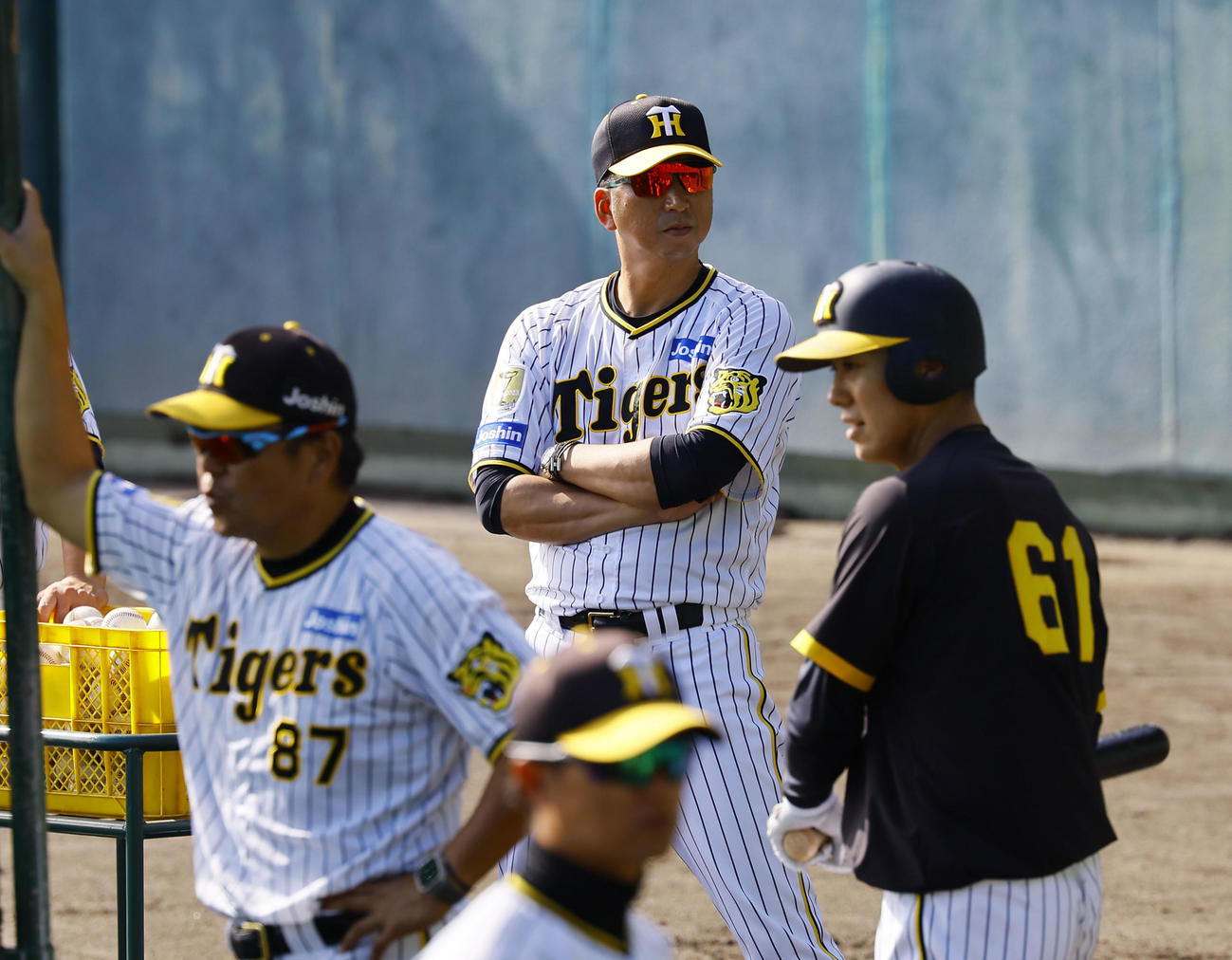 打撃練習を見つめる阪神藤川監督（中央）。手前右は豊田（撮影・藤尾明華）