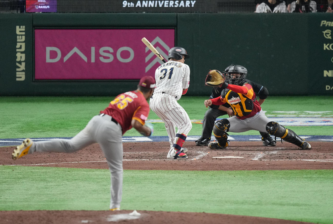 日本対ベネズエラ　3回裏日本2死二、三塁、死球を受ける坂倉。投手メンデス（撮影・垰建太）