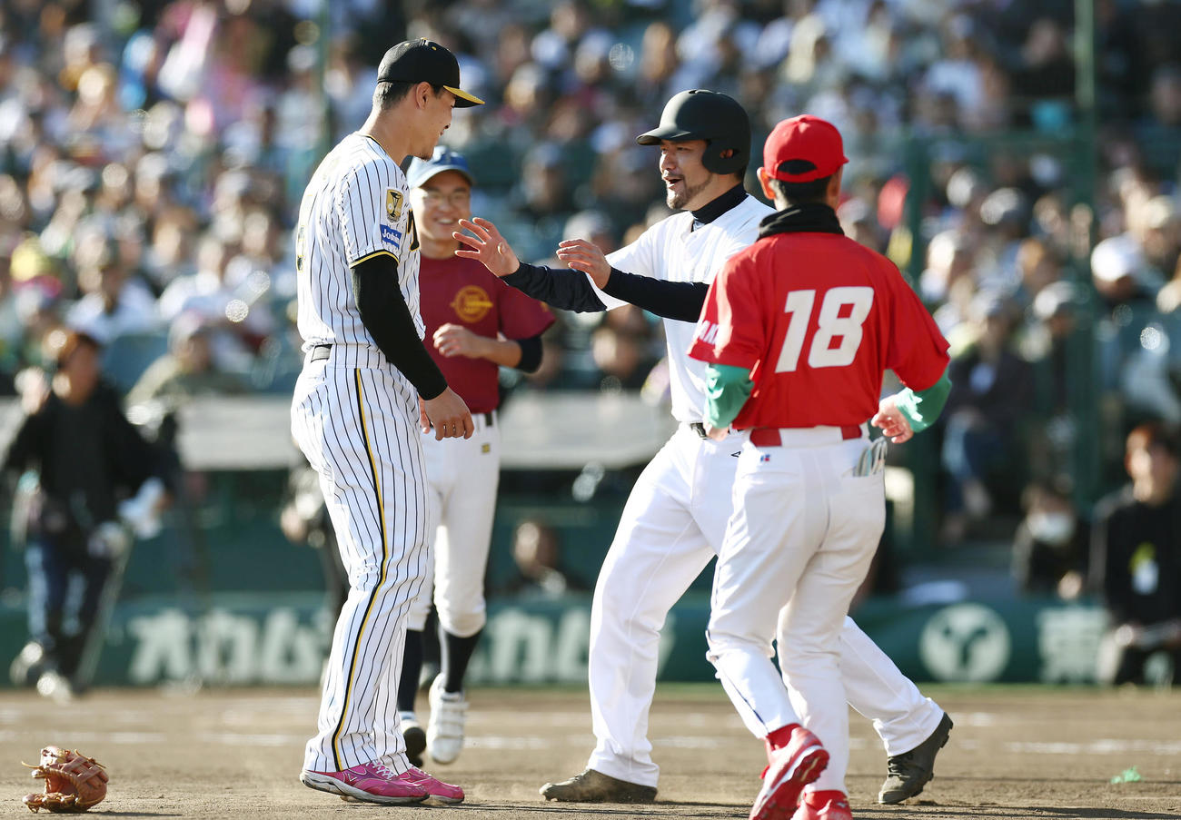 相席食堂オールスターズとの野球対決で死球を当て詰め寄られる阪神佐藤輝（左）（撮影・前田充）