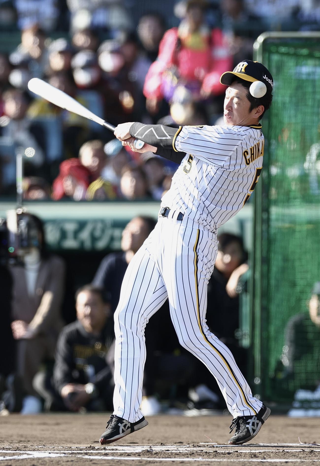 相席食堂オールスターとの野球対決で自打球を当てる阪神近本（撮影・前田充）