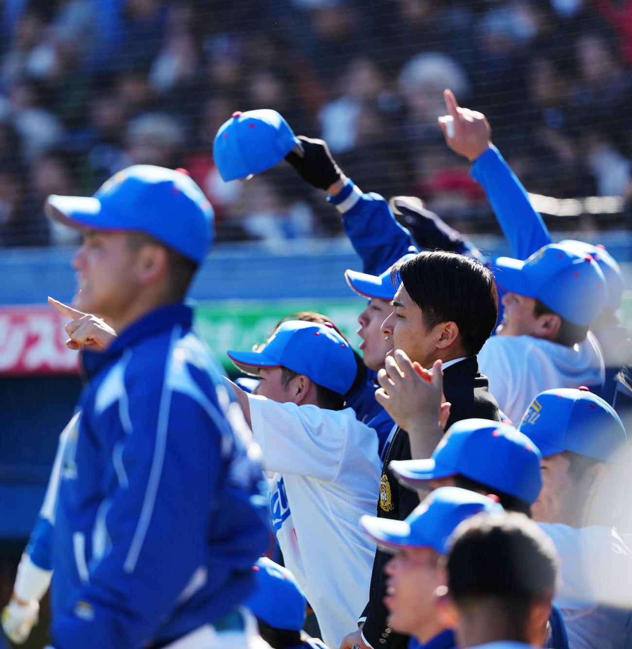 天理大対青学大　2回裏青学大2死三塁、藤原が右前適時打を放ち歓喜する青学大ナイン（撮影・横山健太）