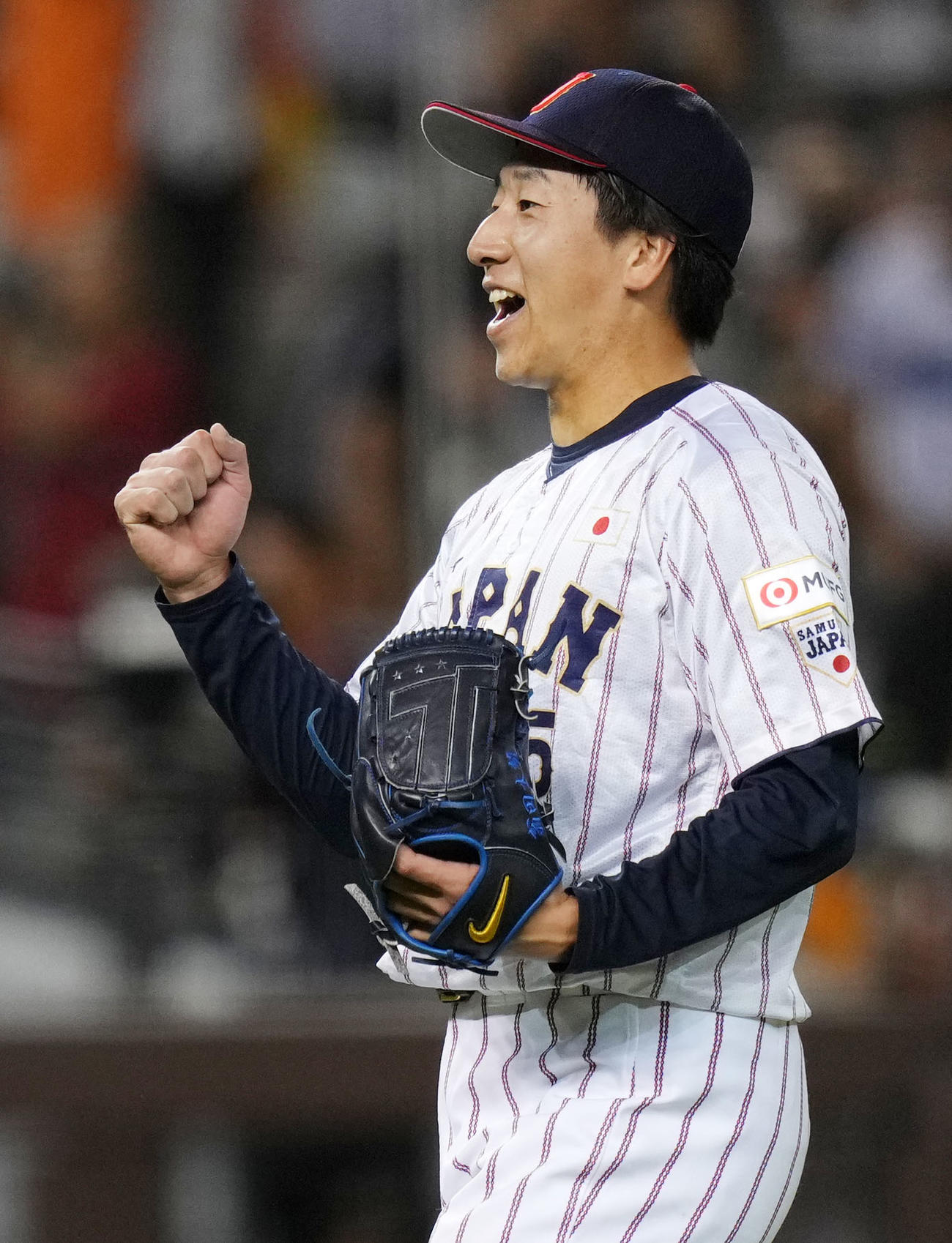 日本対韓国　韓国に勝利しガッツポーズする大勢（2024年11月15日、撮影・横山健太）