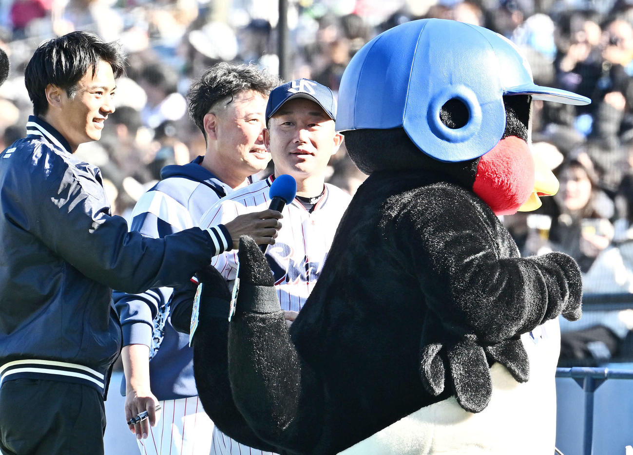 ○×クイズで問題を出したヤクルト石川（中央）（撮影・滝沢徹郎）