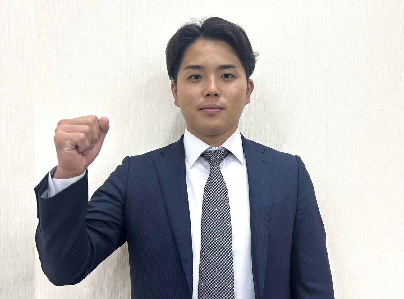 神奈川県藤沢市内で発表されたBC神奈川の新入団選手会見に挑んだ帝京大ОBの井田（撮影：佐瀬百合子）