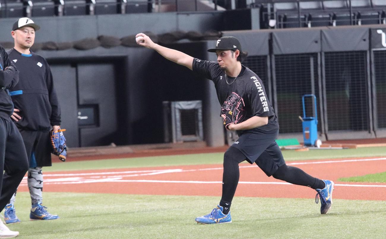 フォームをチェックする日本ハム伊藤（撮影・永野高輔）