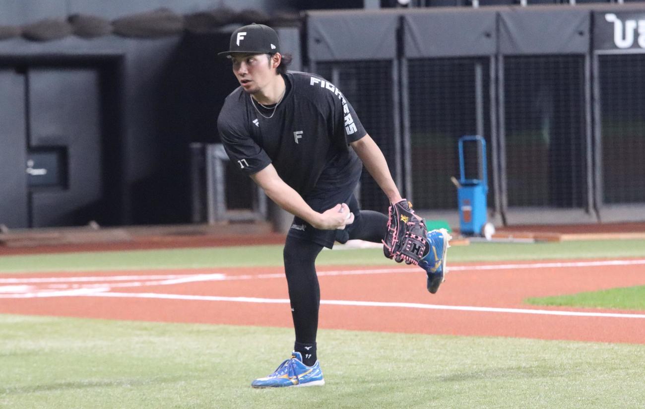 フォームをチェックする日本ハム伊藤（撮影・永野高輔）