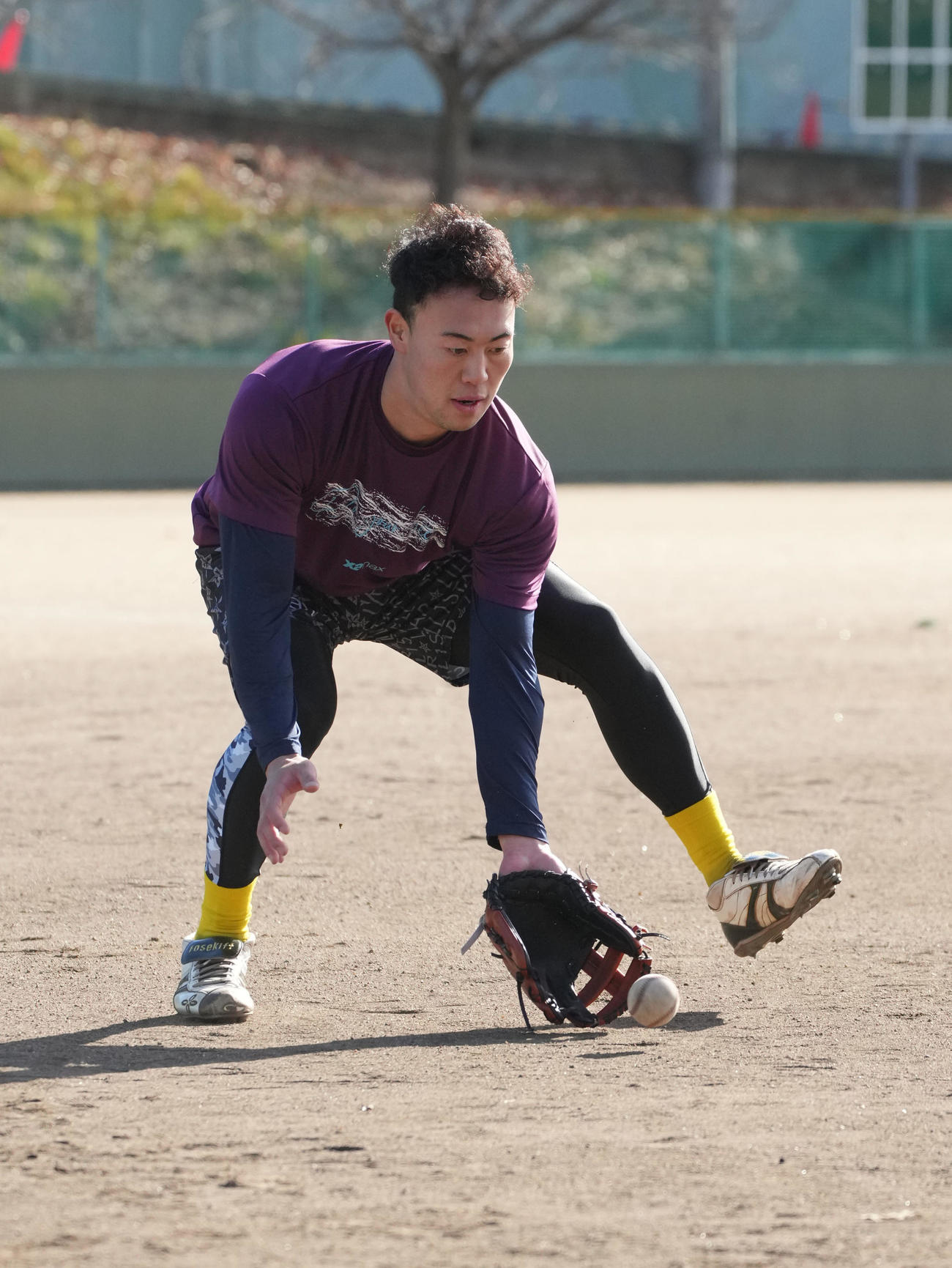 自主トレを公開しノックを受ける佐野（撮影・森本幸一）
