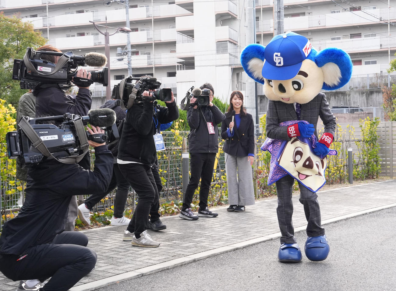 報道陣から注目され球団事務所に入るドアラ（撮影・森本幸一）