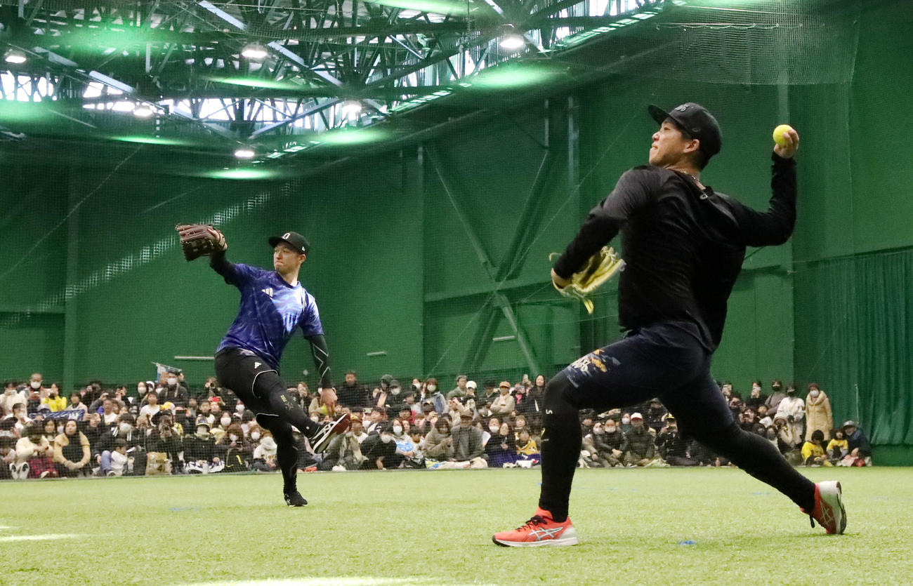 地元淡路島で自主トレを公開しファンの前でキャッチボールする近本（左）と村上（撮影・加藤哉）