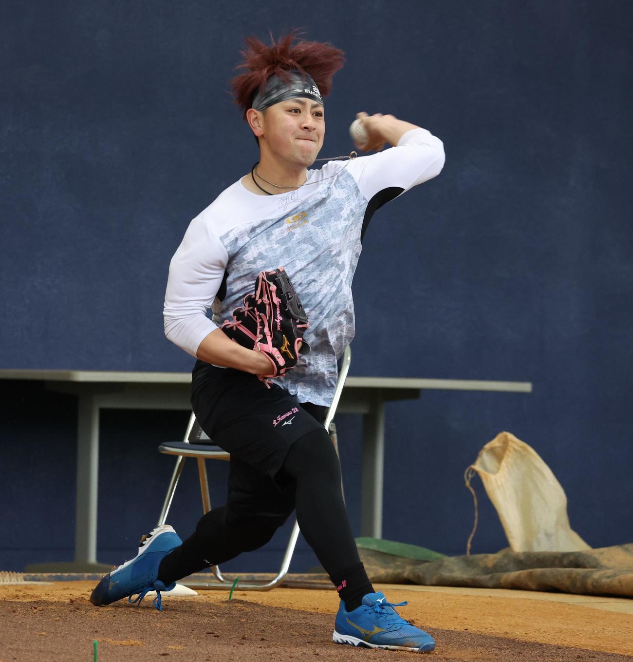 日本ハム自主トレーニング　キャンプ地に先乗りしブルペンで投球する日本ハム河野竜生
