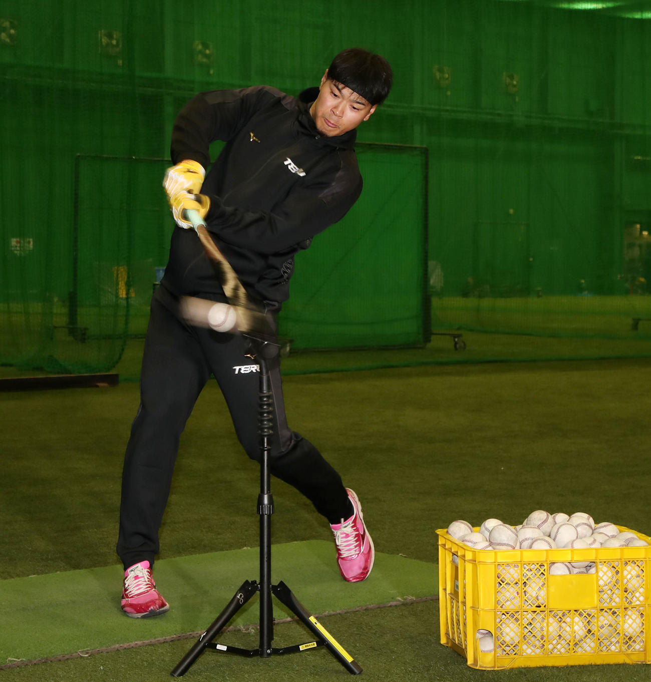 甲子園球場で自主トレを公開しティー打撃する佐藤輝（撮影・加藤哉）