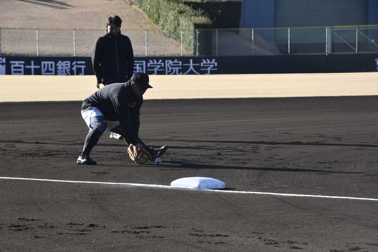 単身自主トレでノックを受ける巨人浅野（撮影・平山連）