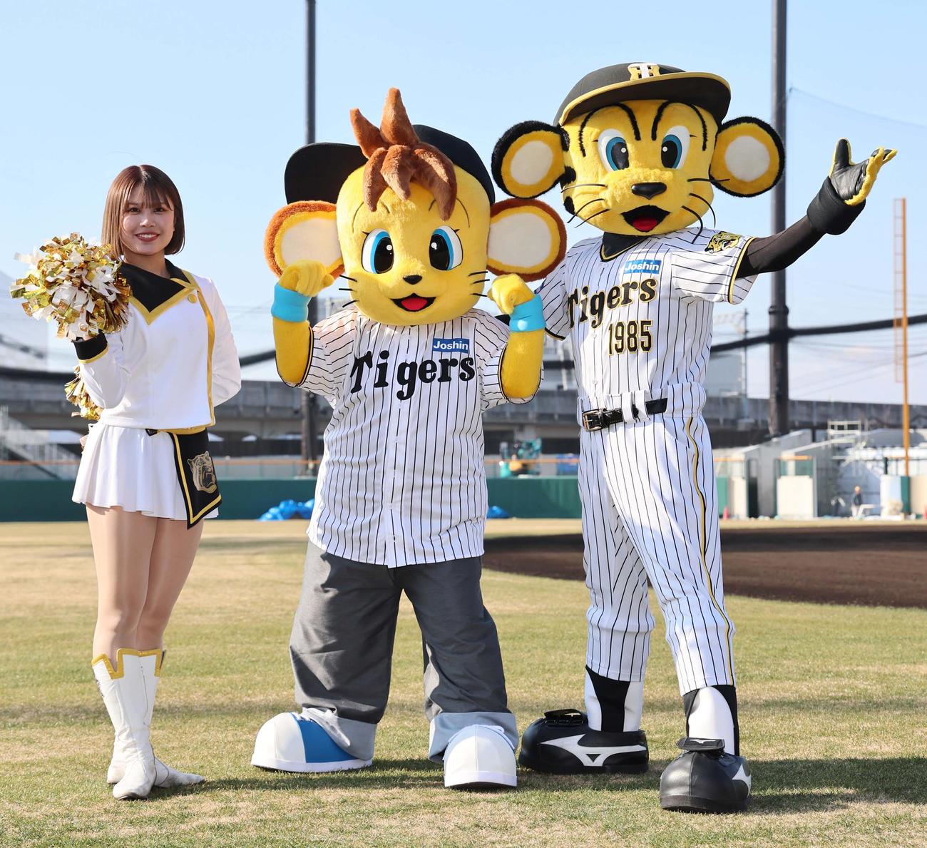 阪神タイガースに入団したコラッキー（中央）は兄のトラッキー（右）、タイガースガールズキャプテンのNonoaとポーズを決める（撮影・上田博志）