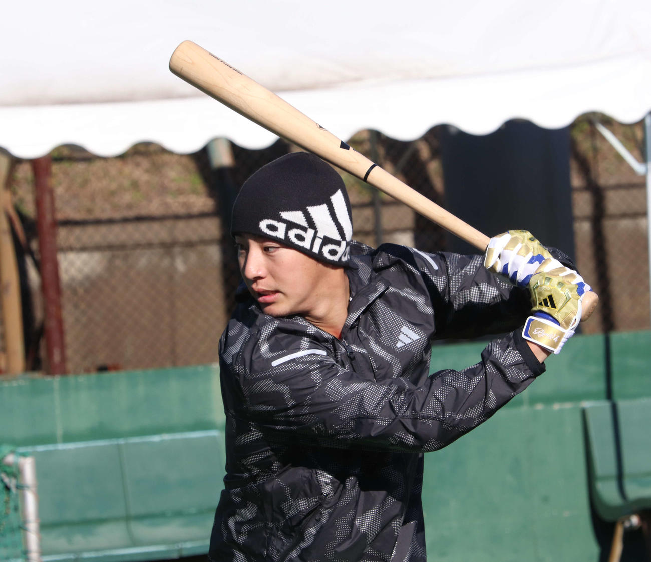 自主トレを公開し、ティー打撃を行うDeNA度会（撮影・小早川宗一郎）