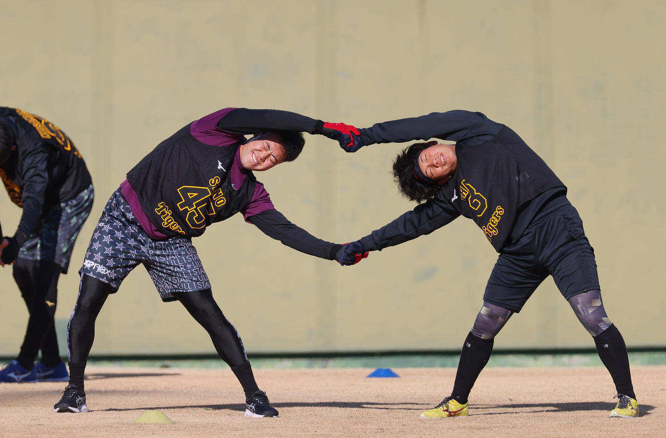 阪神新人合同自主トレで汗を流す伊原（右）と佐野（撮影・上山淳一）