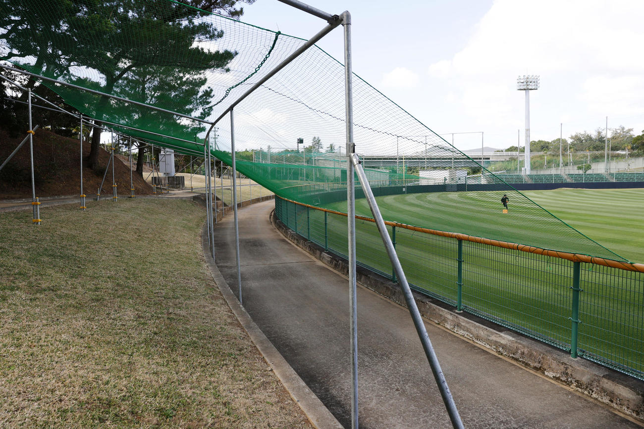 バイトするならエントリー宜野座スタジアムの右翼に設置されている防球ネット（撮影・前田充）
