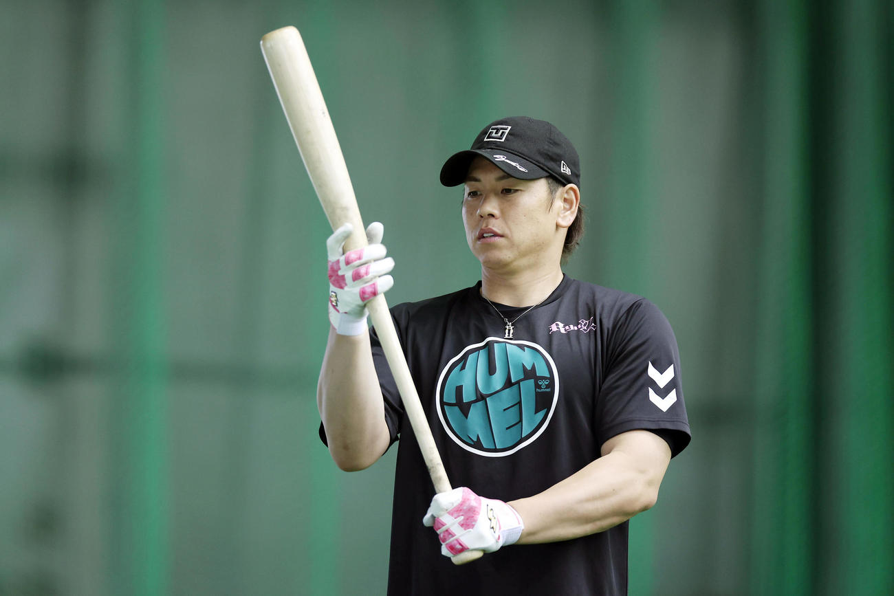 自主トレを公開し、打撃練習に臨む阪神梅野（撮影・前田充）